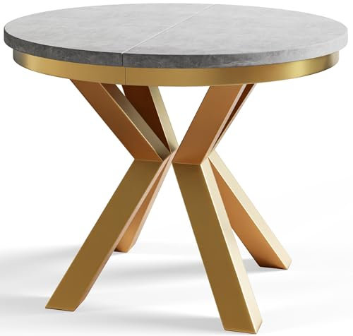 AlpiMeble Runder Esszimmertisch LOFT, ausziehbarer Tisch Durchmesser: 100 cm/180 cm, Wohnzimmertisch Farbe: Grau, mit Metallbeinen in Farbe Gold