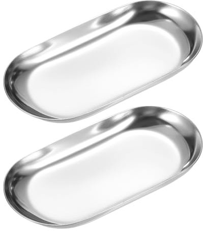 sourcing map 2pcs Stainless Steel Decorative Tray, 3.9 Oval Serving Tray Metal Decorative Plate for Perfume Jewelry Cosmetic Bathroom Organizer, Silver