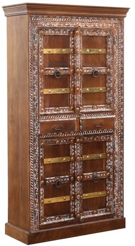 Marrakesch Boho Kleiderschrank Schrank in Braun aus Holz massiv 200cm | Highboard Mehrzweckschrank Haifi für Wohnzimmer Flur und Schlafzimmer als Orientalische Möbel | Aktenschrank für das Büro