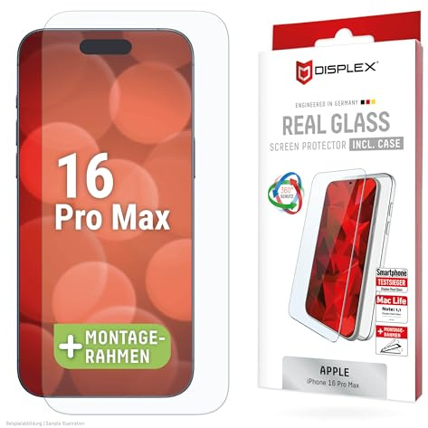 Schutzglas + Schutzhülle für iPhone 16 Pro Max (10H), Eco-Montagerahmen | DISPLEX Real Glass + transparente Schutzhülle, 10H Panzerglas, Bruchschutz, extra-harte Kanten, kratzfest, Anti-Shock