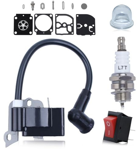 Haishine Zündspule für Stihl FS38 FC55 FS45 FS46 FS55 HL45 HS45 KM55, OEM 4140 400 1309, mit Vergaser-Reparatursatz, Zündkerze, Ölblase, Universal-Kettensägenschalter