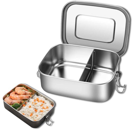 304 Edelstahl Brotdose, Brotdose Edelstah mit 1 Fächern, Lunchbox Bewegliche Trennwand Auslaufsicher, Brotzeitdose mit Trennwänd für Familie Schule Wandern Mittagessen 850 ml 16,5 x 12,1 x 6 cm