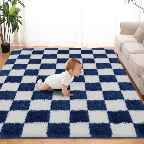 Superweicher Teppich für Schlafzimmer, 1,2 x 1,8 m, blau und weiß, klassischer karierter Shaggy-Teppich, rutschfest, Hochflor, weich, flauschig, flauschiger Teppich für Wohnzimmer, Schlafzimmer,