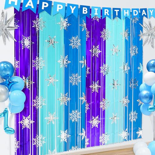 YIIHMEI Frozen Birthday Party Decorations Backdrop, Blue Foil Fringe Tinsel Curtain, Glitter Snowflake Themed Streamers Wall Door Decor 3.3x6.6 ft (4 pcs)