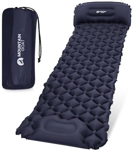 Mountain Goat Ultraleichte Isomatte Aufblasbar mit integrierter Fußpumpe, 190x58x7 cm, Camping Luftmatratze mit Integriertem Kissen, Matratze für Trekking, Wandern, Reißfestes Nylon TPU, Marineblau