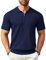 COOFANDY Polo Shirts for Men Adult Short Sleeve Zip Polos Summer Knitted Casual Striped Office Polo Shirt Navy Blue L