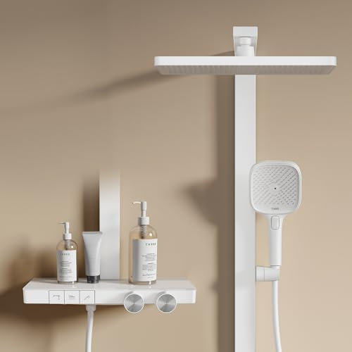 EMKE Colonne de douche Thermostat, Blanc Mat, Débit Ajustable, Douche Pluie 36x24 cm, Douchette à 4 Jets, Inclut Barre de Douche et Tuyau,système de douche thermostatique