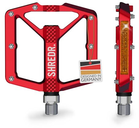 SHREDR. Shine Pedale für MTB | Hochwertige Flatpedals fürs Mountainbike | Mit Reflektoren (StVZO konform). (rot, M)