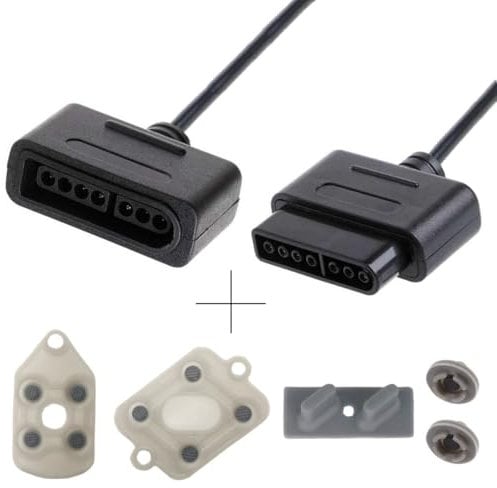 2PCS 6ft/1.8m SNES Controller Extension Cable, Controller Extension Cable for Super Nintendo SNES SFC, Super SNES Console Controller Silicon Conductive Button (2PCS 6ft Cable + 1 Sets Silicon