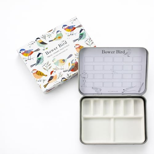 Bower Bird Travel Ceramic Watercolor Palette with 12-Well Porcelain Mixing Tray & Metal Tin Box - Portable Art Kit for Gouache, Studio & Outdoor Painting (8Well)