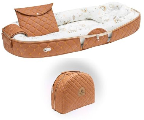 Gowoll Babynest mit Tragegriff 96 x 50 cm 100% OEKO TEX Premium für Neugeborene Babynestchen Reißverschluss Baumwolle Reisebett mit Zubehörtasche Tragbares Nestchen Baby Bett(Braun)