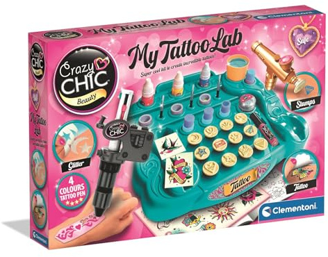 Clementoni Crazy Chic Tattoo-Studio - Temporäre Tattoos für Kinder | ab 6 Jahren - Kreativ-Spielzeug inkl. Körperstift, Körperfarben, Schablonen & mehr, 18260