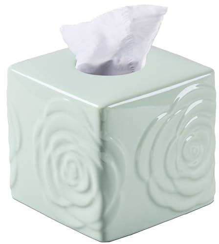 Housse de boîte à mouchoirs cubique en céramique vert clair avec rose – Grande boîte à mouchoirs carrée élégante pour salle de bain, chambre, bureau, comptoir de cuisine – Cadeau parfait pour