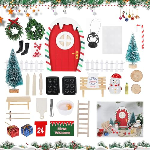 ueslwser 35 Stück Wichtel Zubehör Weihnachten Wichteltür Komplettset Puppenhaus Zubehör Weihnachten Miniatur Elfentür Feentür Wichteltüre, Wichtel Baustelle Komplettset Weihnachtsdekoration Geschenk