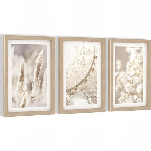 Novart Bilder mit Rahmen Natur - Wohnzimmer Schlafzimmer Büro Wanddeko - 3 Bilder Set Beige - N108730aR1