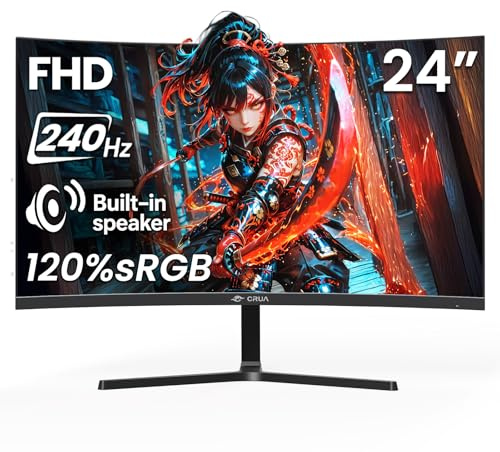 CRUA - Monitor para juegos de 24 pulgadas y 240 Hz, curvado, FHD 1920 x 1080P, compatible con 120% sRGB, AMD FreeSync, desenfoque de movimiento bajo, montaje en pared, compatible con instalaciones de