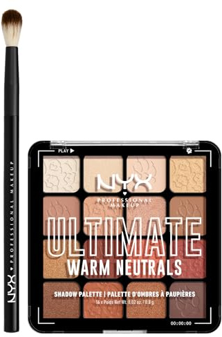 NYX Professional Makeup Palette Ombretti 16 Colori Altamente Pigmentati Ultimate Shadow 05 Warm Neutrals + Pennello Occhi per Sfumature Pro Brush Blending - Set da 2