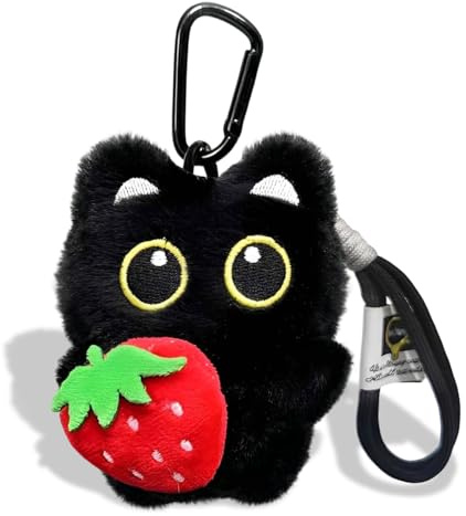 Leseogye Schwarze Schlüsselanhänger Katze, Süße Katze Plüsch Anhänger mit Erdbeere Haltender, Lustiger Taschen Anhänger, Geschenke für Katzenliebhaber, Frauen, Kinder