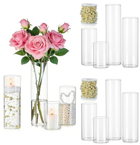Glass Vase Glass Candle Holder: Hewory 12 Cylinder Vase with Pearl String for Table Decorations Centrepiece - Hurricane Candle Holder Flower Vases for Flowers Wedding Decorations Party Home Decor