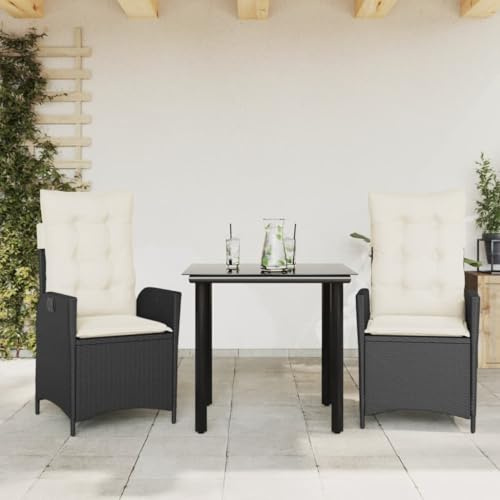 Runheo 3-TLG. Garten-Essgruppe mit Kissen, Schwarz Poly Rattan, verstellbare Stühle, Glastisch für Garten, Balkon, Terrasse, wetterfest