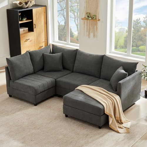 Muskel Modulares Ecksofa 5-Sitzer mit umwandelbarem Fußhocker, 220 cm L/U-förmige Wohnlandschaft aus Cotton Linen, Modernes Streifen-Design Polstermöbel，Wandelbar, für Wohnzimmer (Grau-L/U)