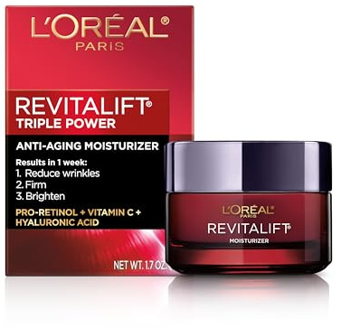L'Oreal Paris Revitalift Triple Power Anti-Aging Face Moisturizer, Pro Retinol, Hyaluronic Acid & Vitamin C to Reduce Wrinkles, Firm & Brighten Skin, 1.7 Oz