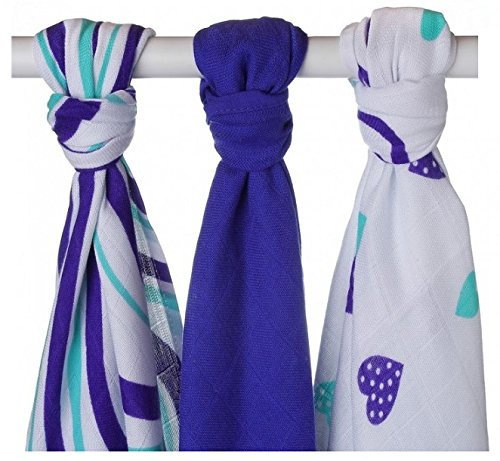 XKKO BMB070023A 3er Pack Bambuswindeln zum Wickeln, beim Stillen, als Unterlage oder leichte Decke, Windeln 70 x 70 cm, mehrfarbig