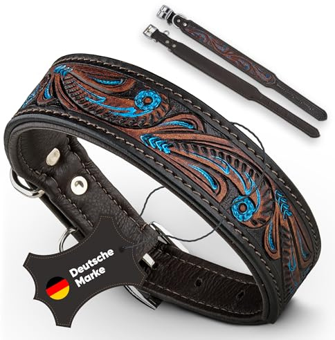 MICHUR® Hundehalsband Leder, Luis, Braun, mit Stanzmuster, verstellbar | Lederhalsband Hund, Handgefertigt, Weich gepolstert, Braun, Blau, Stanzmuster, fellschonend, robust, Leder Halsband