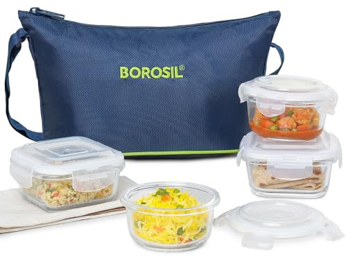 Borosil Glass Daisy Lunch Box Set of 4, (2 pcs 320 ml Sqr + 2pcs 240 ml Rnd) Microwave Safe Office Tiffin
