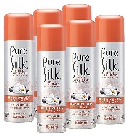 Pure Silk Sensitive Skin Shaving Cream for Women | Shave Cream Infused with Aloe, Papaya and Willow Bark | Smooth Glide Formula, Rust-Proof Can, USA Made | 7.25 Oz (Pack of 6)
