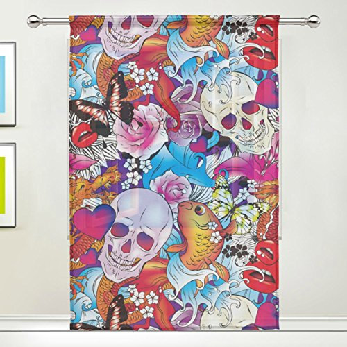 Use7 Vorhang mit Totenkopf-Motiv, 139,7 x 19,8 cm, 1 Stück, Fisch-Blumenmuster, Moderne Fensterbehandlung, Paneel-Kollektion für Wohnzimmer, Schlafzimmer, Heimdekoration
