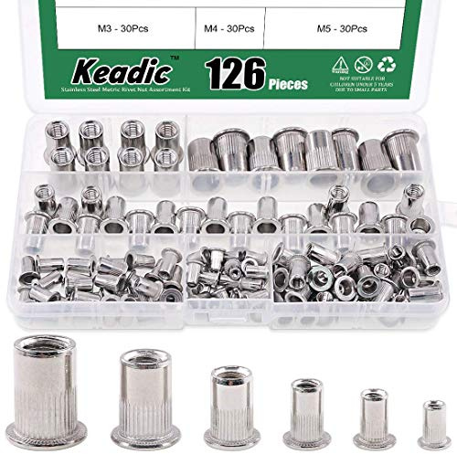 Keadic Metrisches Nietmuttern-Sortiment, 304 Edelstahl, M3, M4, M5, M6, M8, M10, 126-teilig