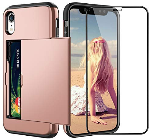 Coolden for iPhone XR Case Card Holder Slot Case with [Tempered Glass Screen Protector ] iPhone XR Wallet Case Shockproof Case Rubber Bumper Protective Case Phone Case Cover for iPhone XR (Rose Gold)