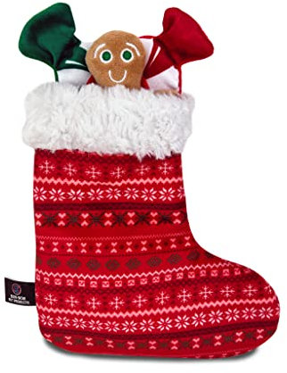 Bow Wow Pet XMAS259 Hundespielzeug-Set, Weihnachtsstrumpf, quietschend, 4 Stück