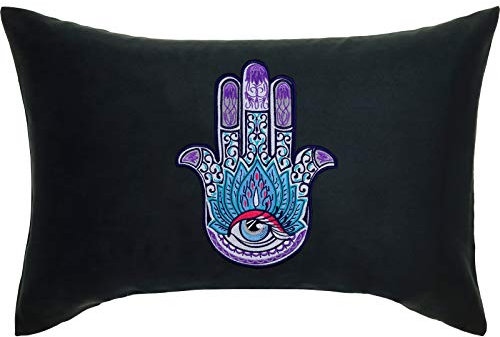 Yoga Kissen Hand of Fatima PREMIUM Kissen mit Bezug 40x60cm | Anti Böses Auge Dekokissen & Füllung Bohemian Zierkissen beschützendes Sofakissen groß Feng Shui Ashtanga Hamsa | schwarz