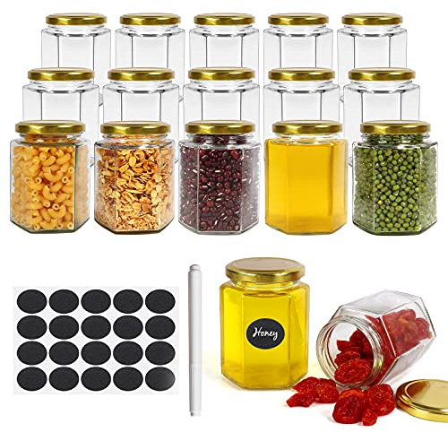 15 Pack 6 oz Hexagonal Glass Jars with Gold Lids-1 Pen and Labels Included