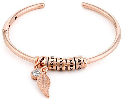 MYKA Personalisierten Kreisanhänger-Armreif mit Blatt und Beads™ aus Sterling Silber 925 / Vergoldet - Geschenk für Damen - Mutter - Freundin (750er Rosévergoldete 925er Sterling Silber)