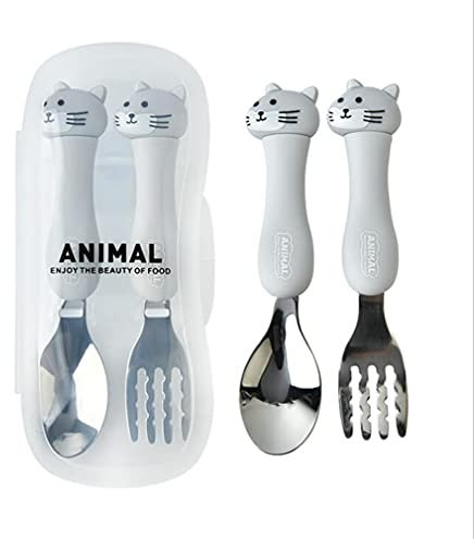 Ensemble fourchette et cuillère pour bébé - En acier inoxydable - Avec boîte de rangement - Poignée ergonomique en plastique - Pour le travail, le camping, les voyages - Chat gris clair