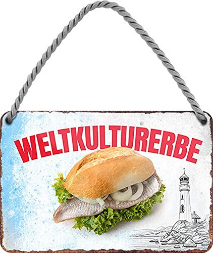WOGEKA ART Retro Blechschild - Fischbrötchen Nordsee Ostsee - witziger Spruch Geschenk-Idee Geburtstag Weihnachten Dekoration 18x12 cm Vintage-Design Hänge-Schild Metall HS692