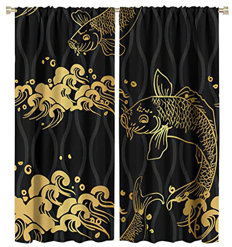 Japanischer Koi-Fisch-Vorhang, große Welle Koi-Silhouette, asiatischer Stil, Raumverdunkelung, Tür, Fenster, Stange, Taschenvorhang für Schlafzimmer, Küche, Wohnzimmer, 106,7 x 114,3 cm