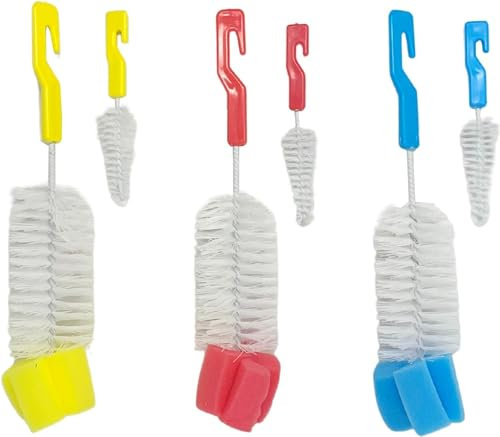 Pack of 2 Brush Kids Baby Milk Feeding Bottle and Teat Nipple Cup Cleaning Brush Sponge, Hanging Hole for Easy Storage, Non-Scratch Brush, Easy Cleaning (Small + Large) (Random Color) (D2)
