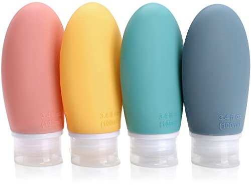 Opret Bottiglie da Viaggio 100ml in Silicone, 4 Pezzi Kit Contenitori da Viaggio Flaconi con Custodia per Shampoo, Liquidi and Lozione, Nessun BPA