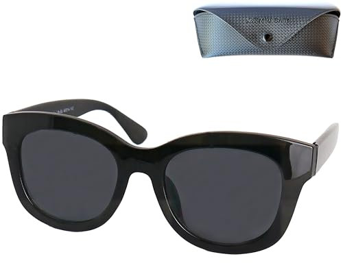 Stilvolle Retro Sonnenbrille mit Sehstärke, Kunststoff Brillengestell mit Dicker Rahmen (Schwarz) und großen Gläsern, Gratis Etui, Lesesonnenbrille Damen +1.5 Dioptrien