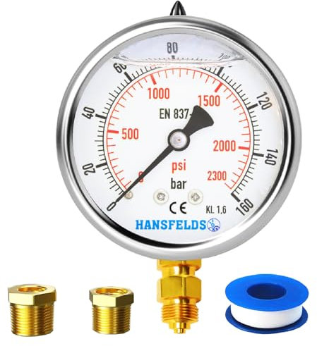 Hansfelds Manometer 0–160bar/psi, 63 mm Zifferblatt, flüssigkeitsgefüllt, 1/4 Zoll BSP unterer Anschluss, Messing-Innenleben und Anschluss,Genauigkeit 1,6,inkl. 2 Reduzierstücke auf 3/8 und1/2.