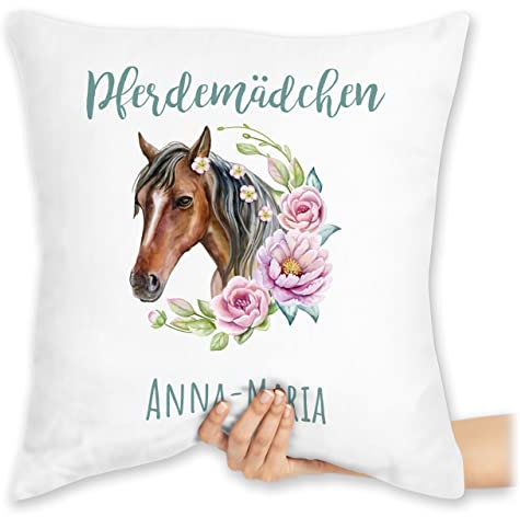 Kissen 40x40 Zierkissen - Pferde - Pferdemädchen Geschenk Pferd mit Name personalisiert I Pferdeliebhaber Sparbüchse - 40 x 40 cm - Weiß - pferdekissen Reiter pferdemotiv kissenhülle mädchen