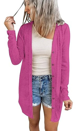 JOCAFIYE Damen Lässig Cardigan Langarm Einfarbig Longshirt Lose Leichte Dünne Lang Strickjacke Rose S