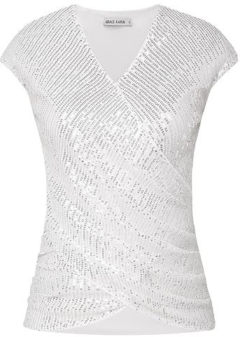 GRACE KARIN Damen Einfarbig Ärmellos Top V-Ausschnitt Pailletten Oberteil Elegant Glitzer Shirt Silber Weiß M