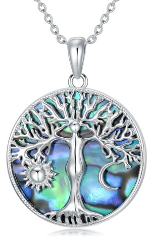 YAFEINI Baum des Lebens Kette S925 Sterling Silber Sonne und Mond Wicca Magic Abalone Muschel Anhänger Schmuck für Damen