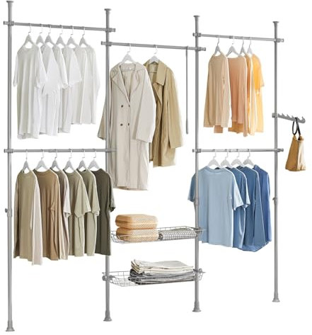 SoBuy Teleskop Kleiderständer, robuster Kleiderstange, verstellbarer offener Kleiderschrank mit Ablagen für Schlafzimmer, Garderobenständer, Hellgrau KLS04-II-HG