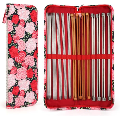 Aeelike Knitting Needle Case for Long Needles, Knitting Pins Case, Knitting Needles Holder Case for Double Pointed Needles (up to 16''), Travel Knitting Needle Storage Case Empty, 43x14x2cm, Red Rose